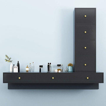 Modern Black Floating Desk Mounted Writing Desk with Drawers Side Cabinet Included-Desks,Furniture,Office Furniture